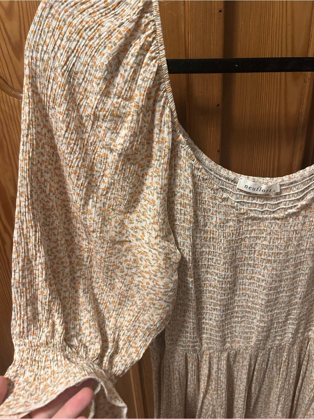 Neuflora Smocked Cream Citrus Floral Midi Dress with Puff Sleeves - Picture 2 of 5